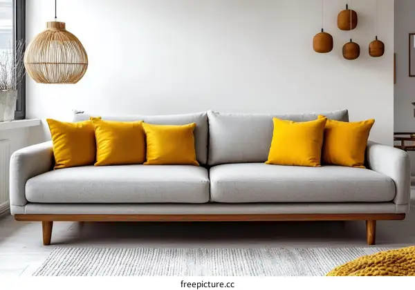 Modern Gray Sofa with Mustard Yellow Cushions
