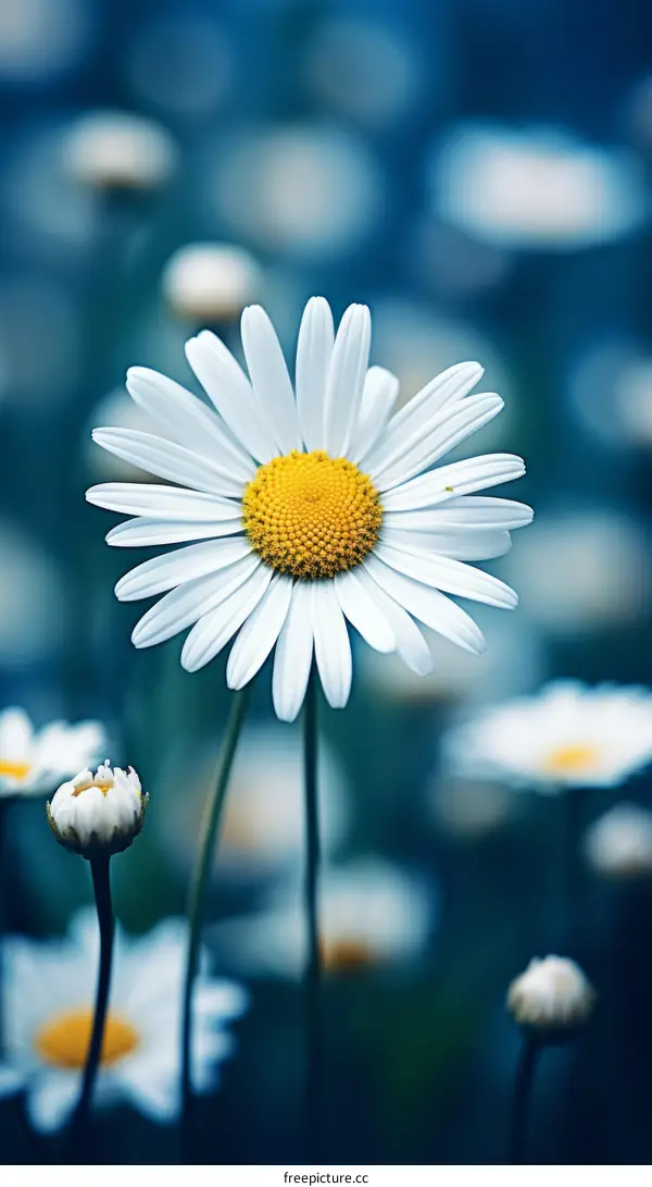 Field of daisies with one flower in focus