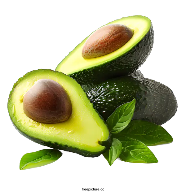 [Transparent Background PNG]Three green avocados with leaves