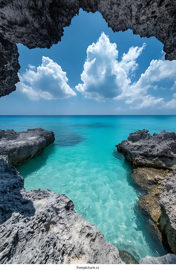 A View of the Clear Blue Sea Through a Rock Formation