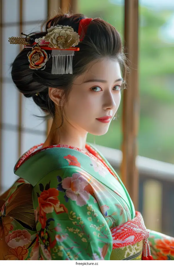 Portrait of a beautiful Japanese woman in traditional kimono