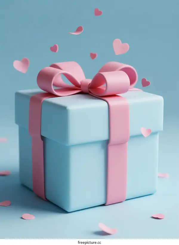 Blue Gift Box with Pink Ribbon and Floating Hearts