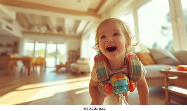 A smiling toddler wearing a toy car harness