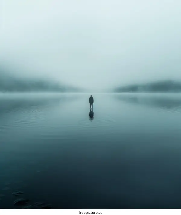 Man standing alone in the middle of a foggy lake
