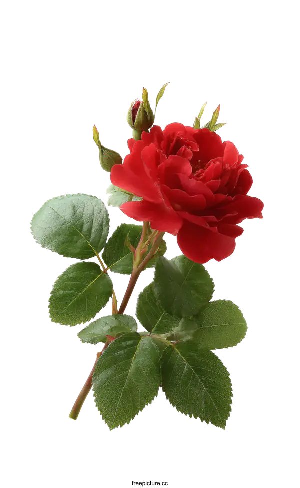 [Transparent Background PNG]Beautiful Red Rose with Green Leaves on White Background