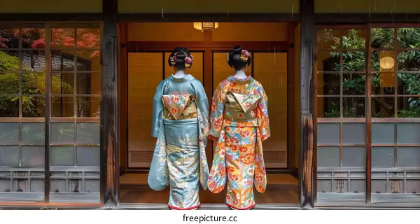 Two Japanese women wearing kimono