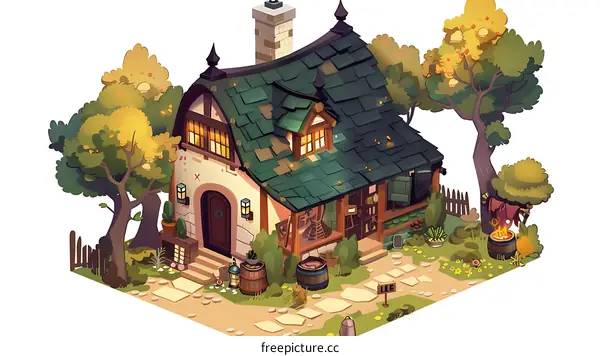 Cute Cartoon Cottage Illustration With Green Roof and Surrounding Trees