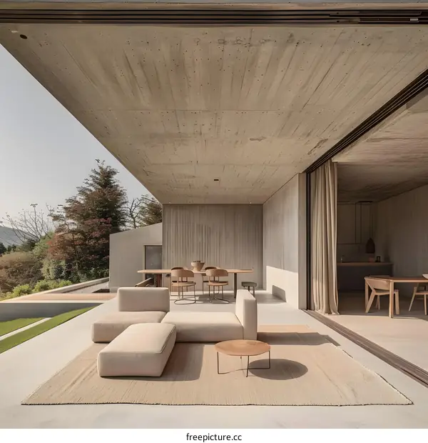 Modern Concrete Patio with Minimalist Furniture and Sliding Doors