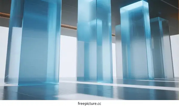 Modern Blue Glass Columns in Empty Architectural Space