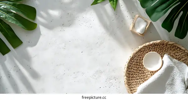 White Background with Green Leaves and Wooden Tray with White Bowl and Towel