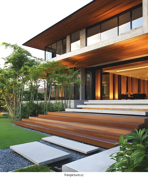 Modern House with Wooden Steps and Green Plants