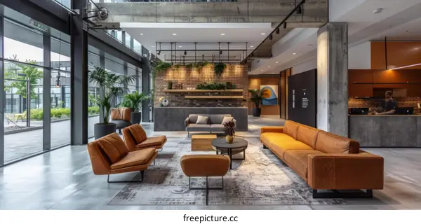Modern office interior with brick wall and leather furniture