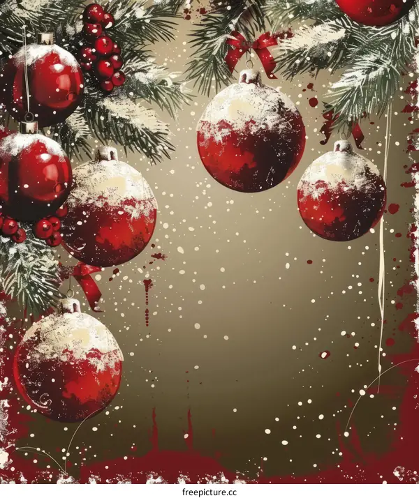 Red and Green Christmas Ornaments Hanging on Snowy Branch