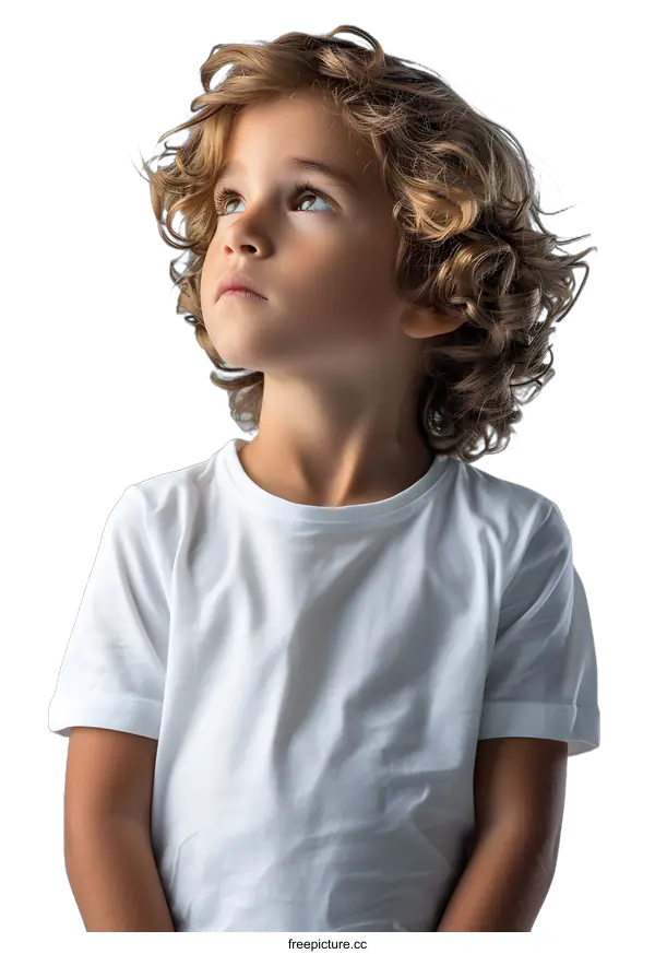 [Transparent Background PNG]Portrait of a pensive caucasian boy with curly hair looking up