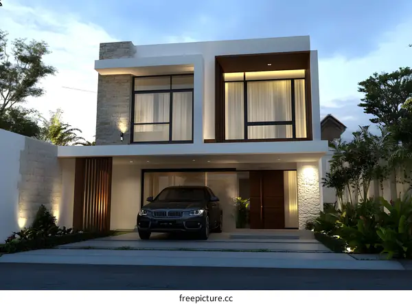 Modern Two Story Home Design with Stone and Wood Accents