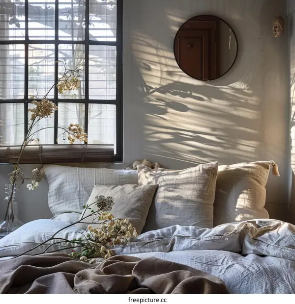White Bed in Sunlit Bedroom