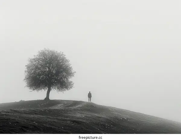 Lonely Tree in Foggy Field