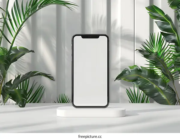 Mobile Phone Mockup With Palm Leaves And White Background