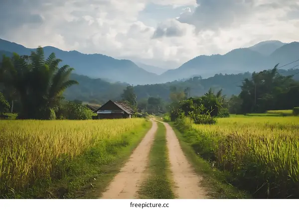 Scenic Dirt Road Leading Through Rice Fields With Mountains in Background