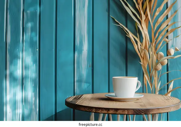 Coffee Cup on a Wooden Table with a Teal Background