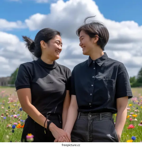 Two Asian women in a field of flowers