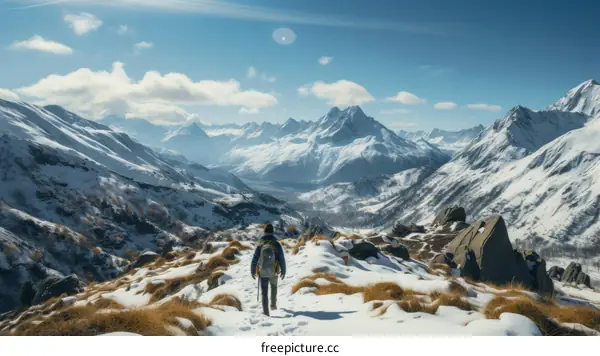 A lone hiker traverses a snowy mountain landscape