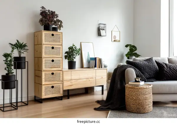 Modern Wooden Cabinet with Woven Drawers in a Cozy Living Room
