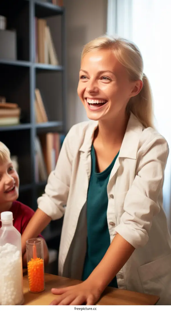 Happy mother and son doing science experiments at home
