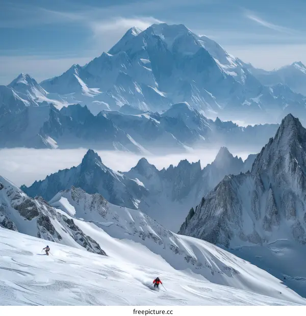 Two skiers are skiing down a steep mountain slope with a large snow capped mountain in the distance