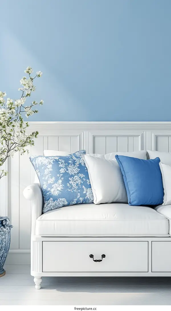 Elegant Light Blue Living Room with White Furniture