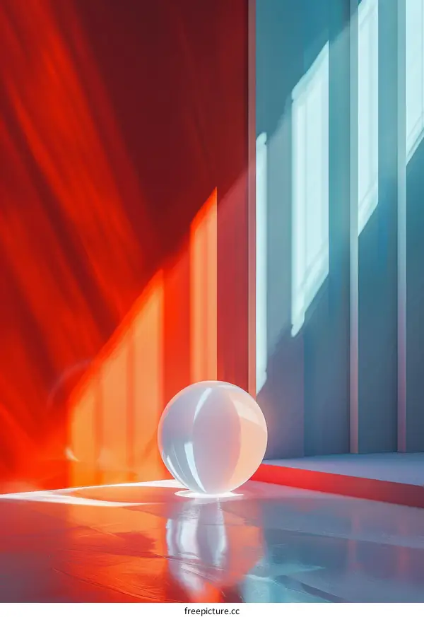 3D rendering of a glass sphere on a reflective surface with red and blue walls