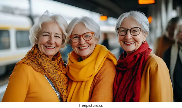 Three Elderly Women Enjoying the Outdoors at a Train Station