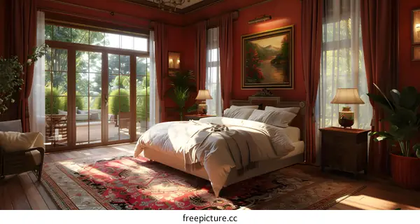 Luxurious bedroom with red walls and large windows
