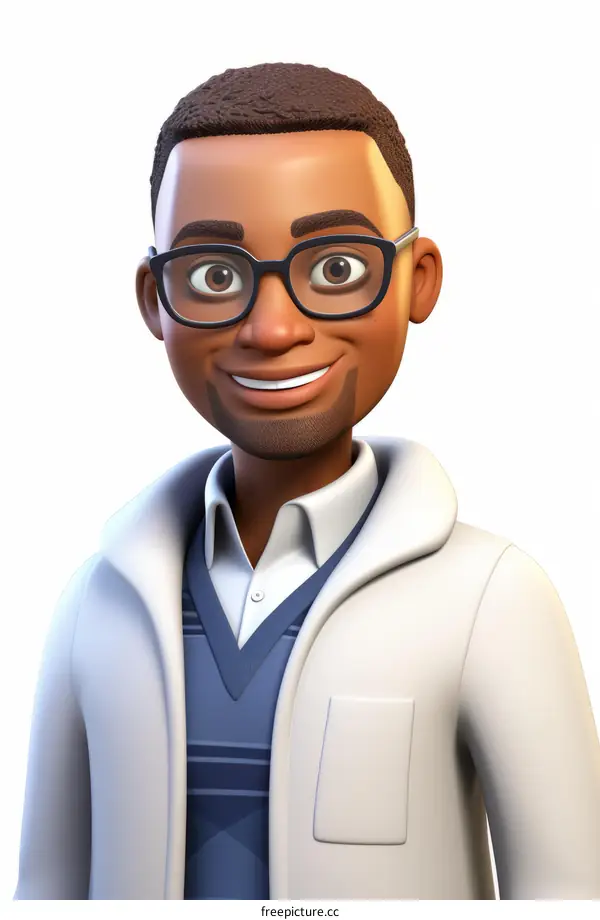 A 3D rendering of a Black man wearing glasses and a lab coat
