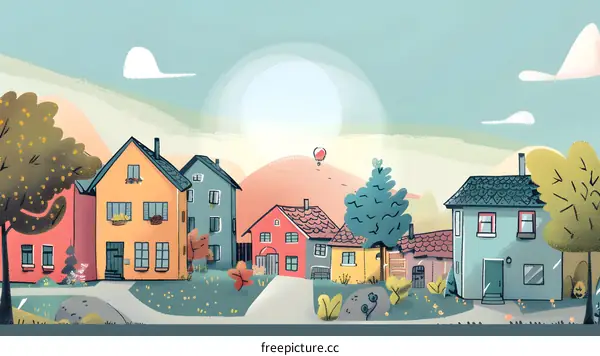 Colorful Cartoon Illustration of a Town with Houses and a Hot Air Balloon