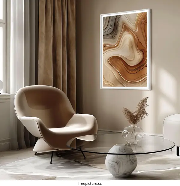 Abstract painting in warm colors hanging on the wall in a modern living room