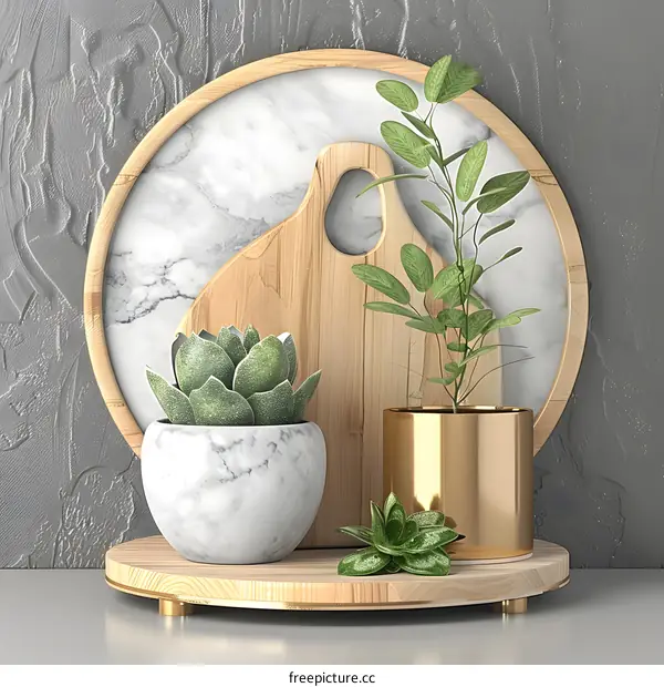 Wooden Tray with Marble and Plants