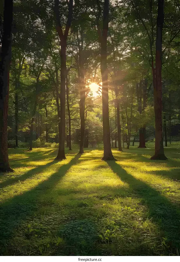 Sunlight Shining Through Trees in Forest