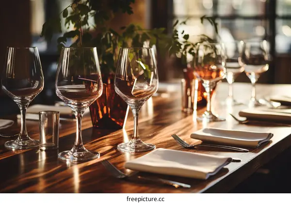 Elegant restaurant table setting with wine glasses and sunlight