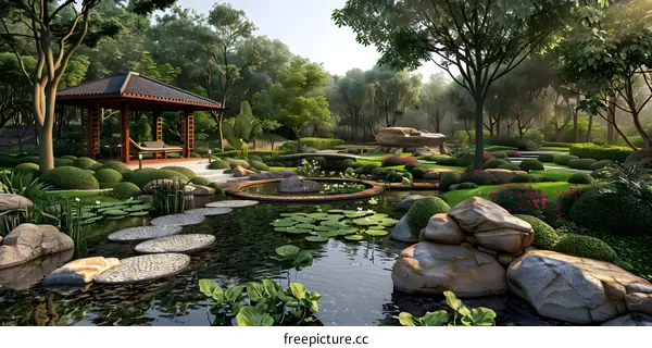 A beautiful Japanese garden with a pond, a pavilion, and a stone lantern.