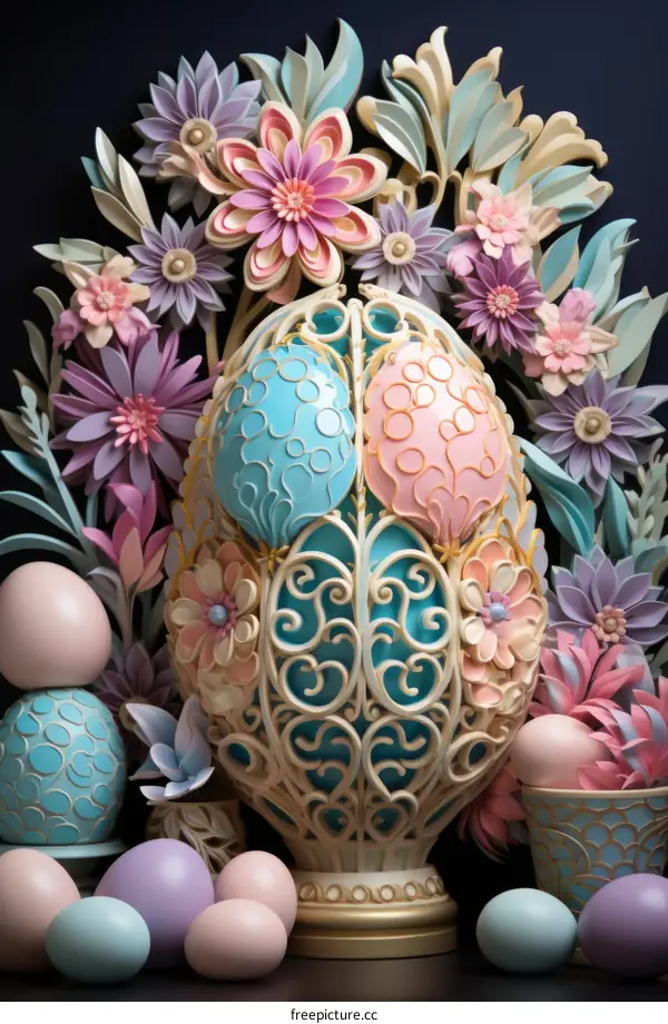 Exquisite pastel 3D rendering of Easter eggs in a floral arrangement