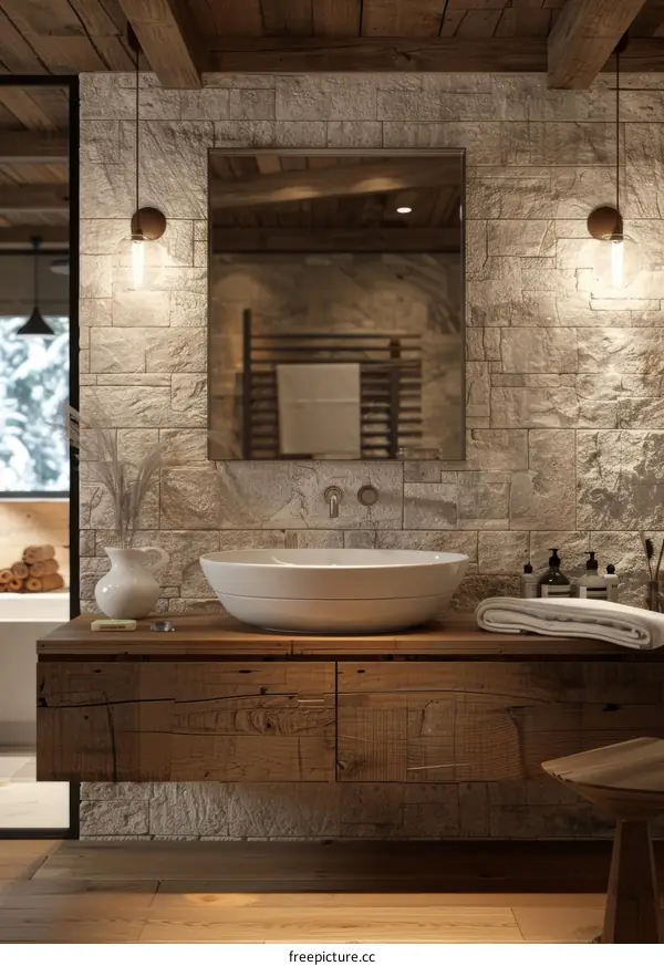 Rustic Wooden Vanity with Stone Wall Bathroom Design