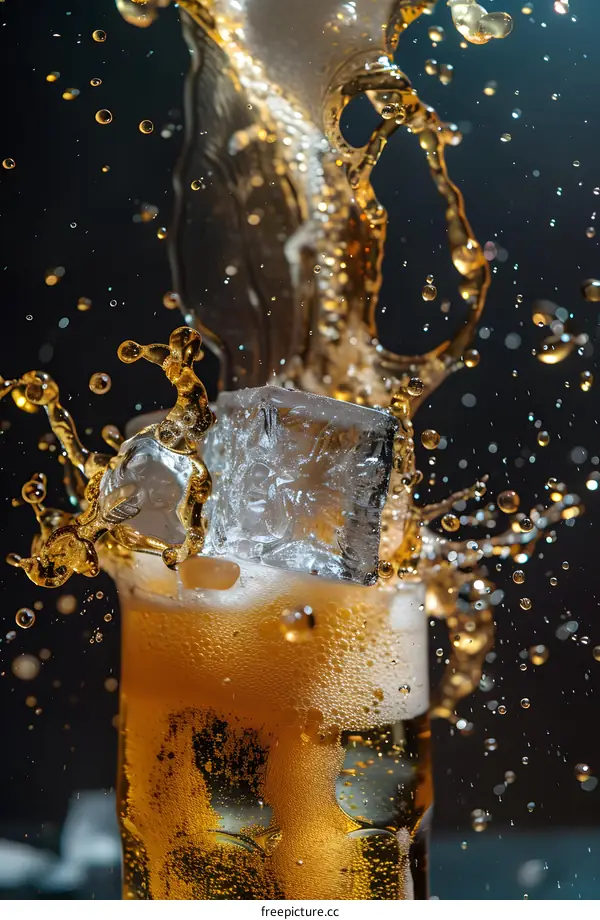 Close Up of Ice Cube Dropped into a Glass of Beer with Splashing Liquid
