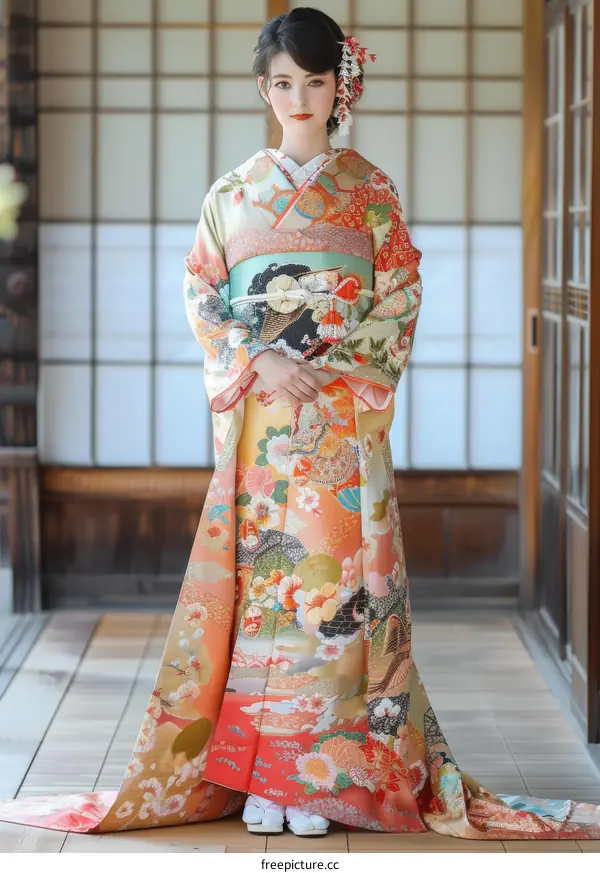 A Japanese woman wearing a kimono is standing in a traditional Japanese house.