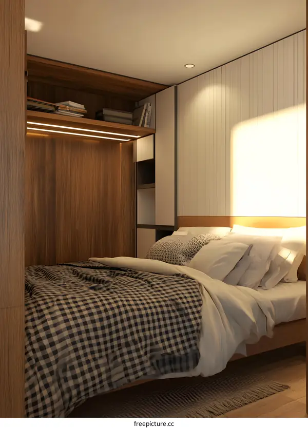 Modern Minimalist Bedroom Interior Design with Wooden Walls and a Checkered Blanket