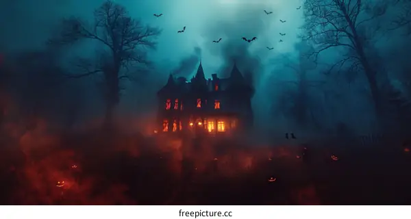 An eerie haunted house under a menacing moon with flying bats