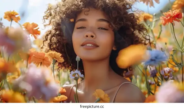 Portrait of a beautiful young woman with curly hair in a field of flowers