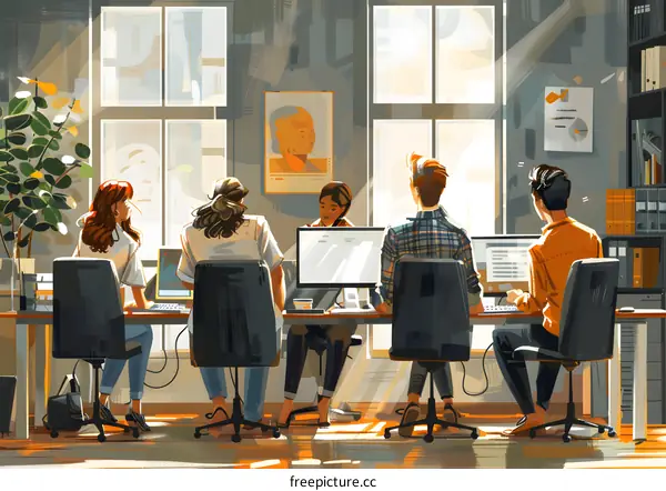 Illustration of a diverse group of people working together in a creative office space