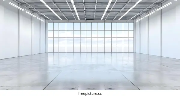Empty Large White Room with Ceiling Lights and a Big Window