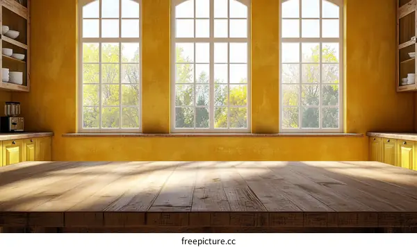 Empty Yellow Kitchen Table Top with Large Windows